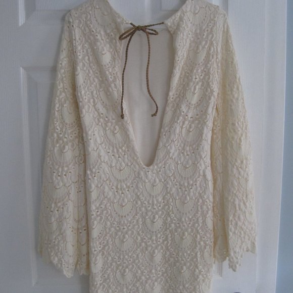 Nightcap Ivory Cream Lace Mini Dress Deep V Back Ecru Long Sleeves XS NWT - Picture 5 of 11